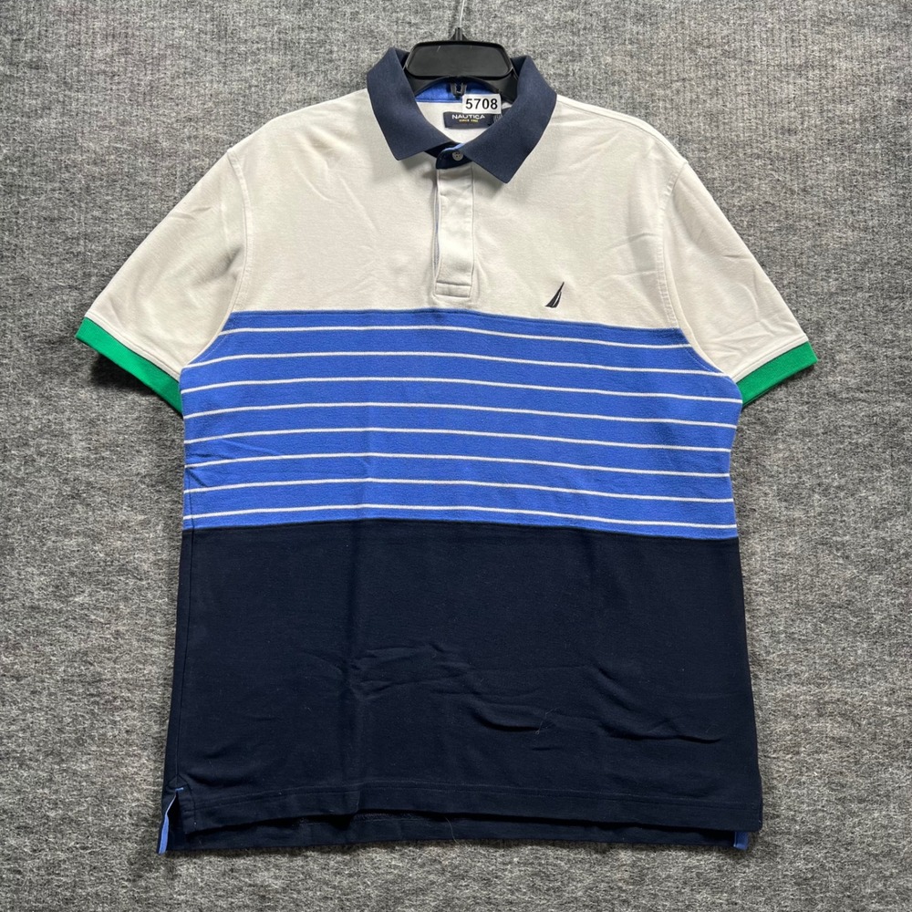 Nautica Mens Large Colorblock Striped Polo Shirt Short Sleeve 30 Years Graphic